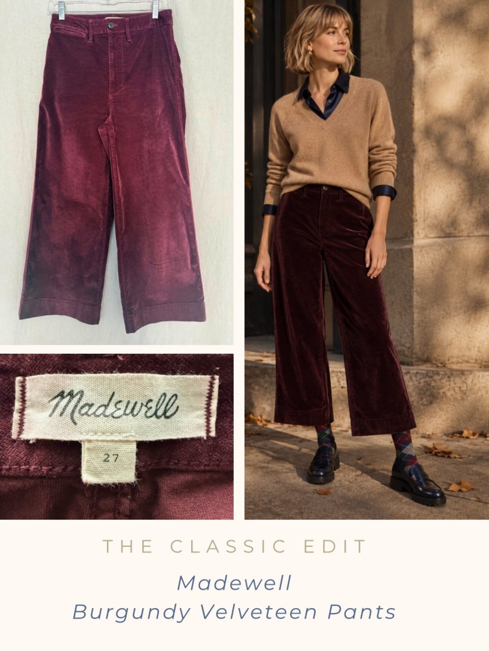 Madewell Emmett Burgundy Wide-Leg Cropped Velveteen Pants